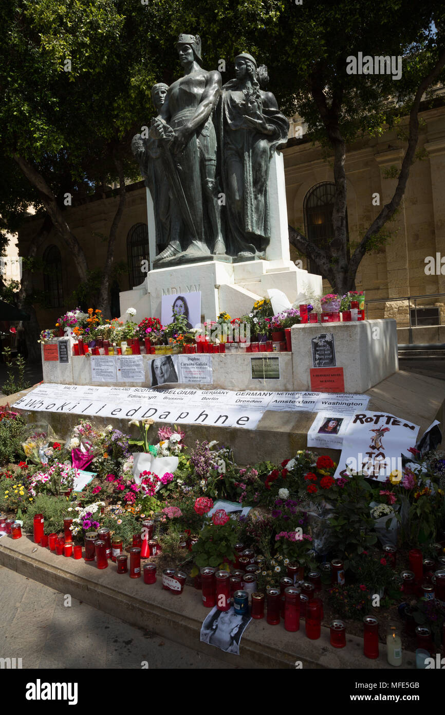 Shrine to Daphne Caruana Galizia, the murdered investigative journalist, outside the co-cathedral, Valletta. Stock Photo