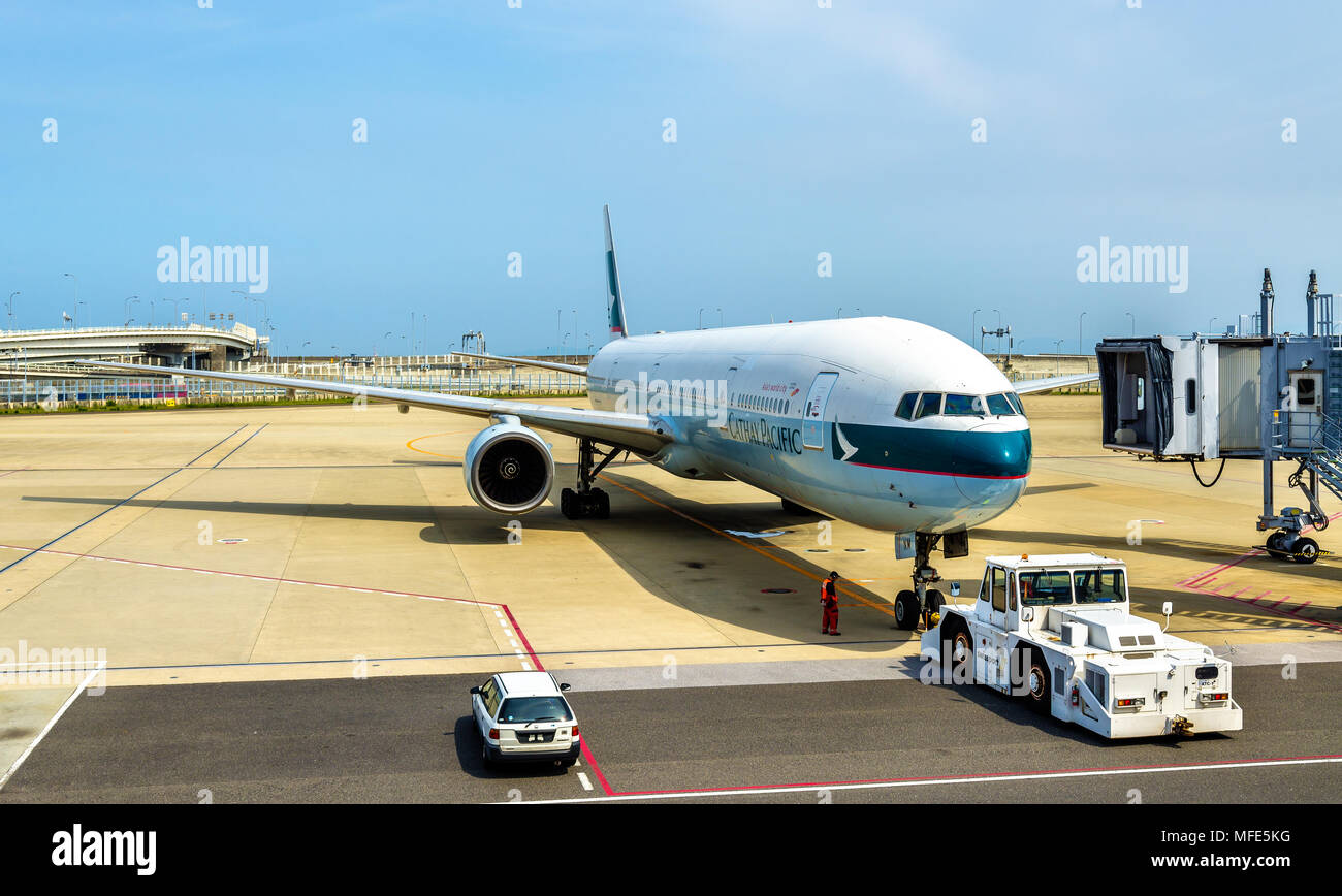 Cathay Pacific aircraft in Kansai International Airport Stock Photo
