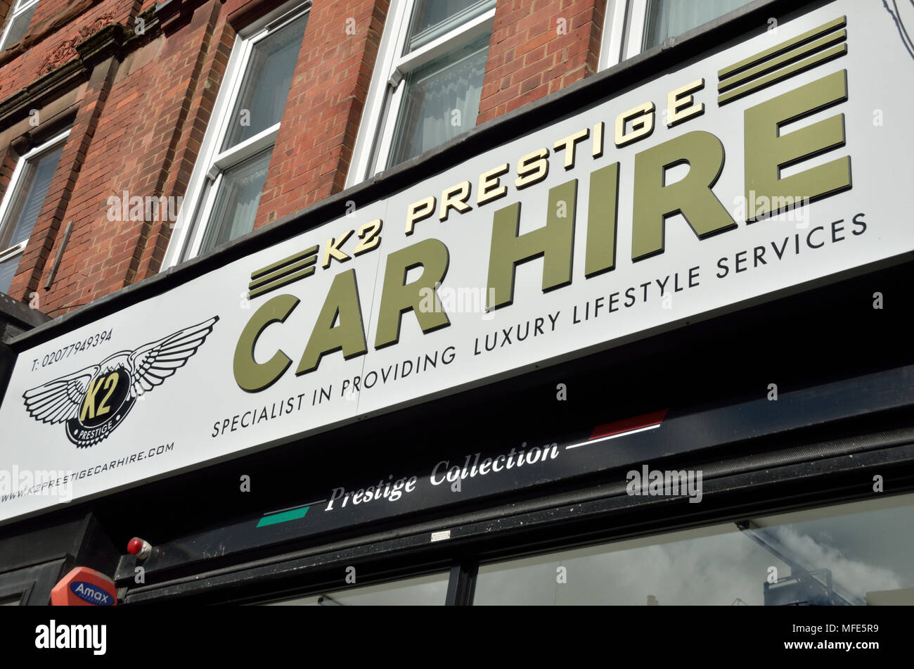 Prestige Car Hire shop front sign. Stock Photo