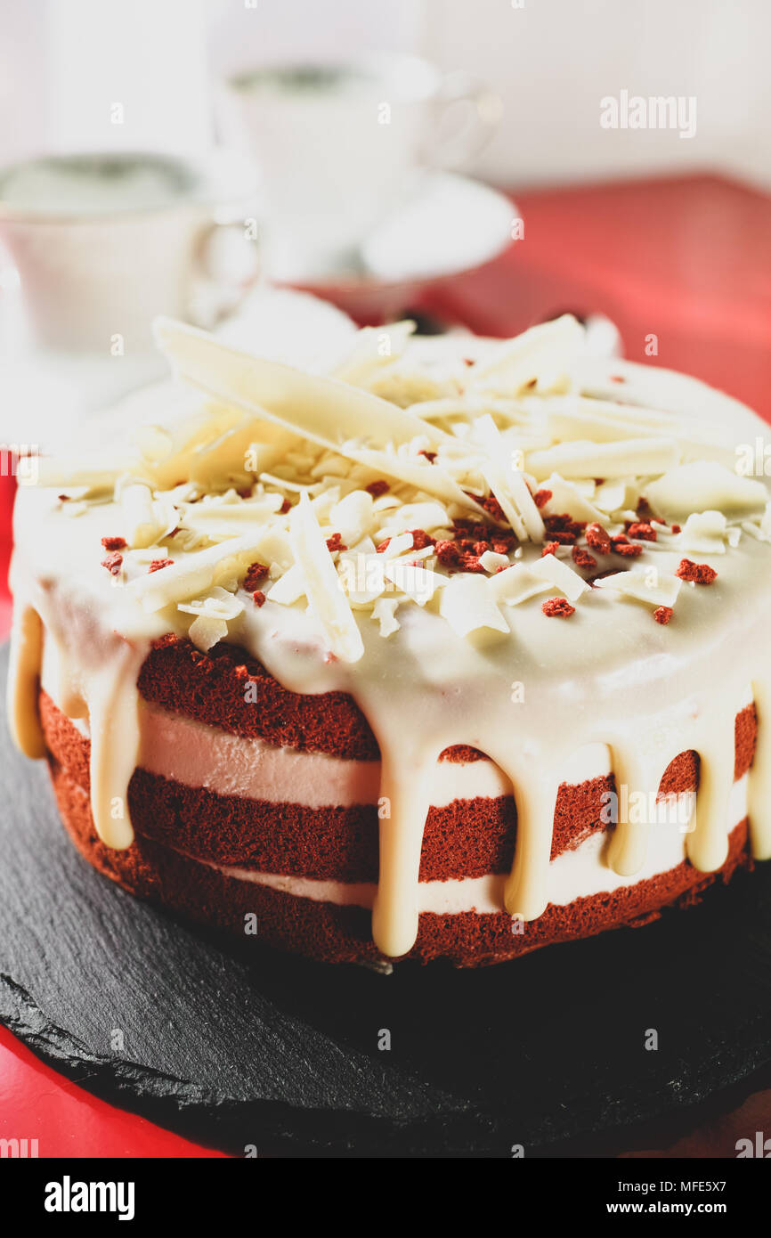 Classic American dessert red velvet cake is traditionally a red, red