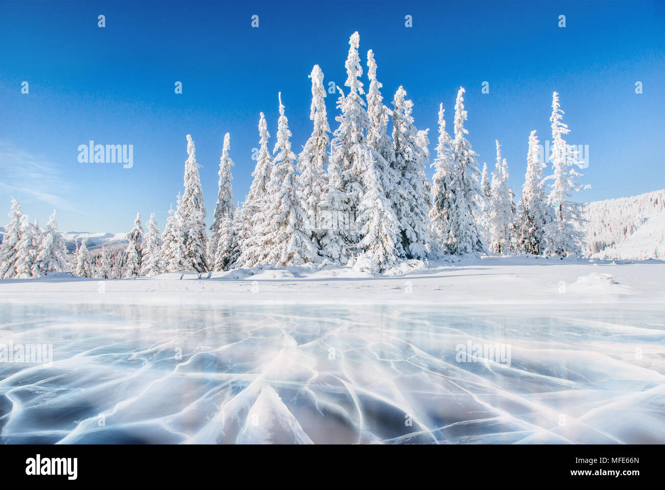 Blue ice and cracks on the surface of the ice. Frozen lake under a blue sky in the winter. The hills of pines. Winter. Carpathian, Ukraine, Europe Stock Photo