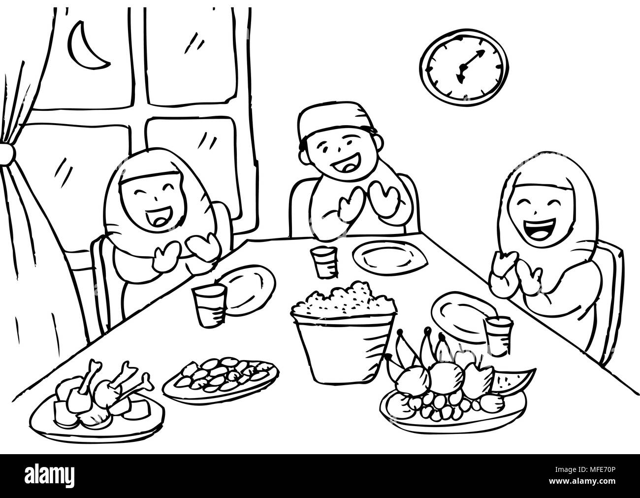 Happy Muslim family  Ramadan Kareem Iftar party celebration. Coloring book. Stock Photo