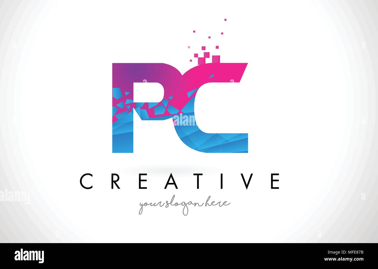 PC P C Letter Logo with Broken Shattered Blue Pink Triangles Texture ...