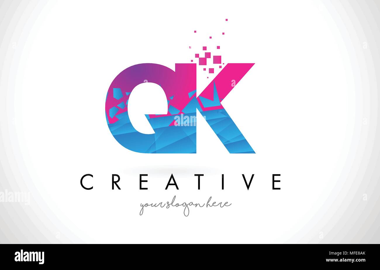 QK Q K Letter Logo with Broken Shattered Blue Pink Triangles Texture ...