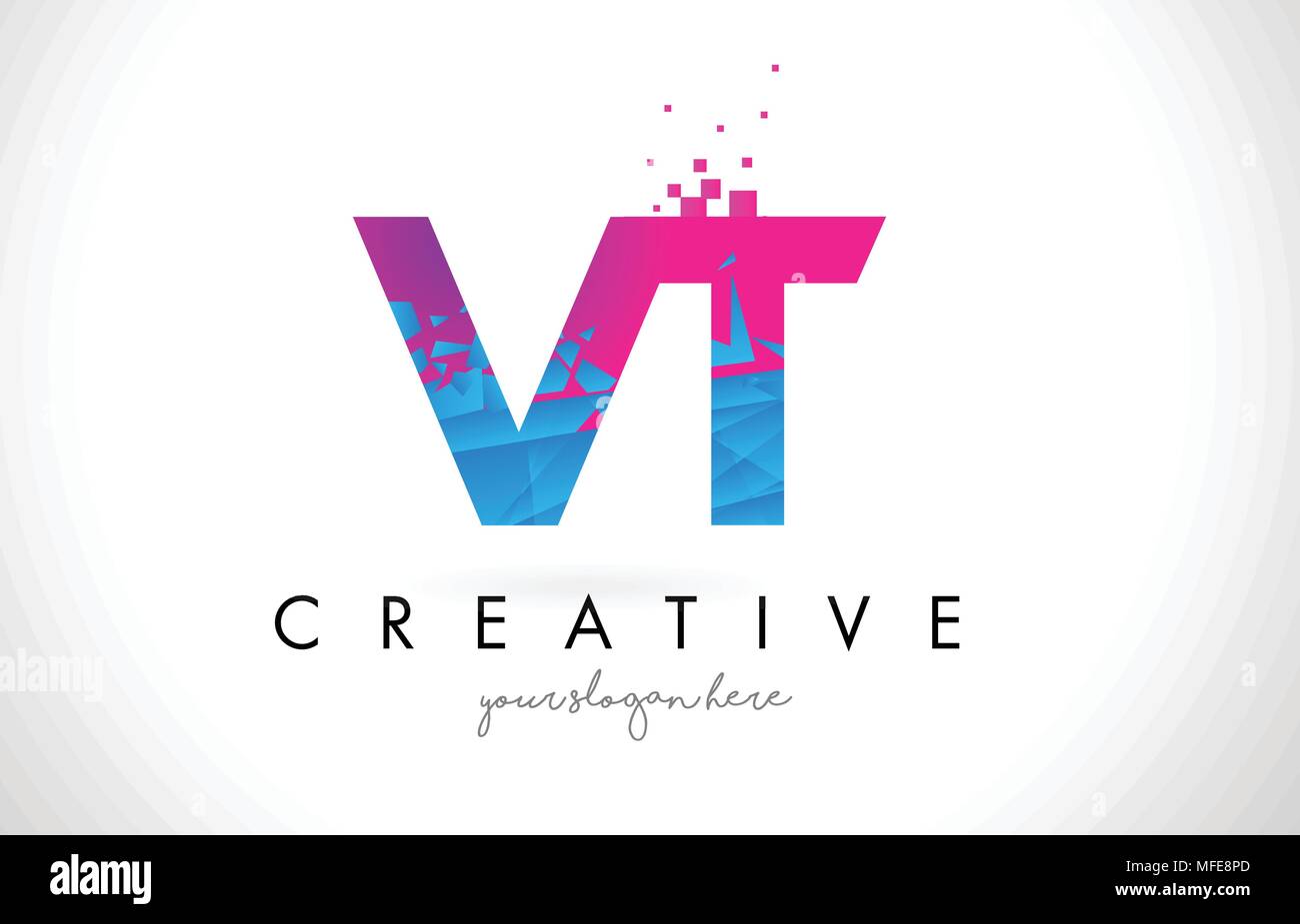 VT V T Letter Logo with Broken Shattered Blue Pink Triangles Texture ...