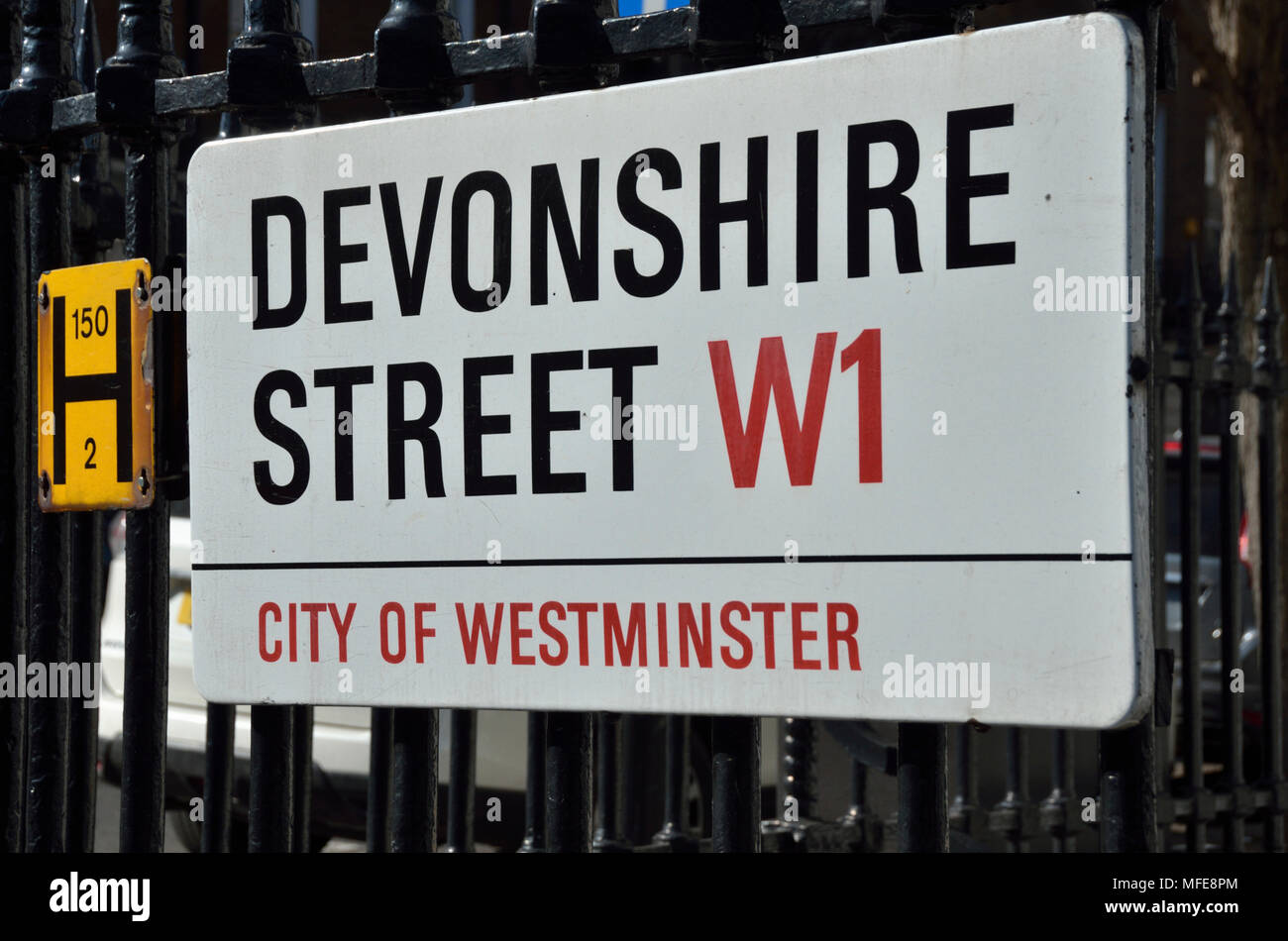 Devonshire Street W1 street sign, Marylebone, London, UK. Stock Photo