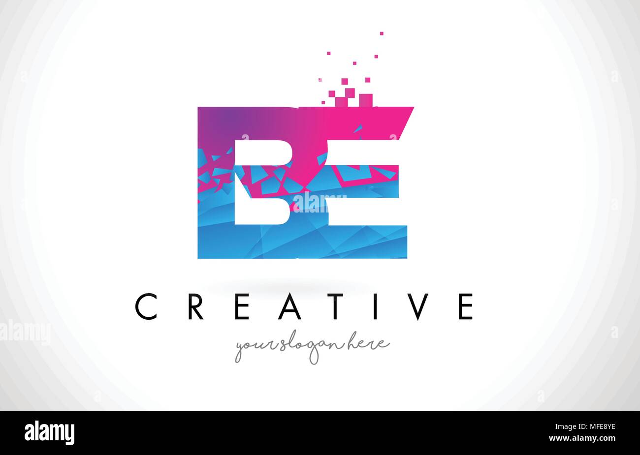 BE B E Letter Logo with Broken Shattered Blue Pink Triangles Texture ...