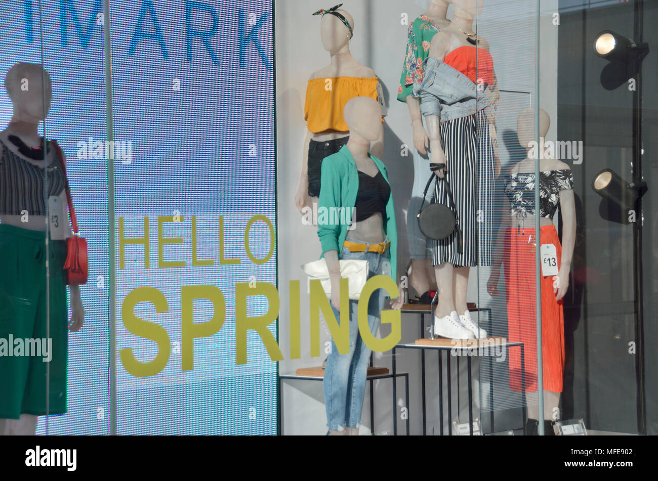 Spring fashion display in a shop window. Stock Photo