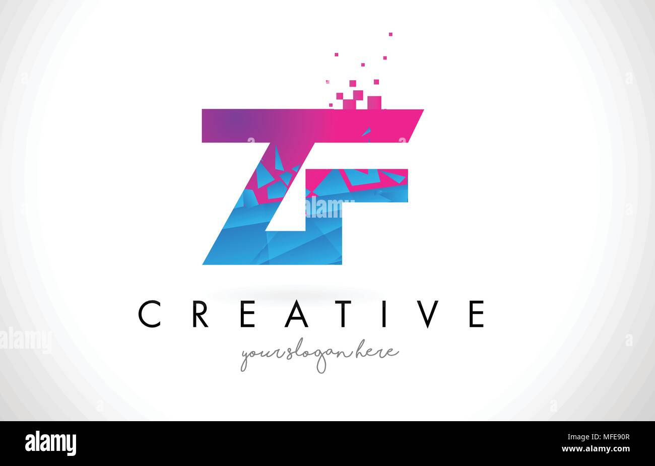 ZF Z F Letter Logo with Broken Shattered Blue Pink Triangles Texture Design Vector Illustration. Stock Vector
