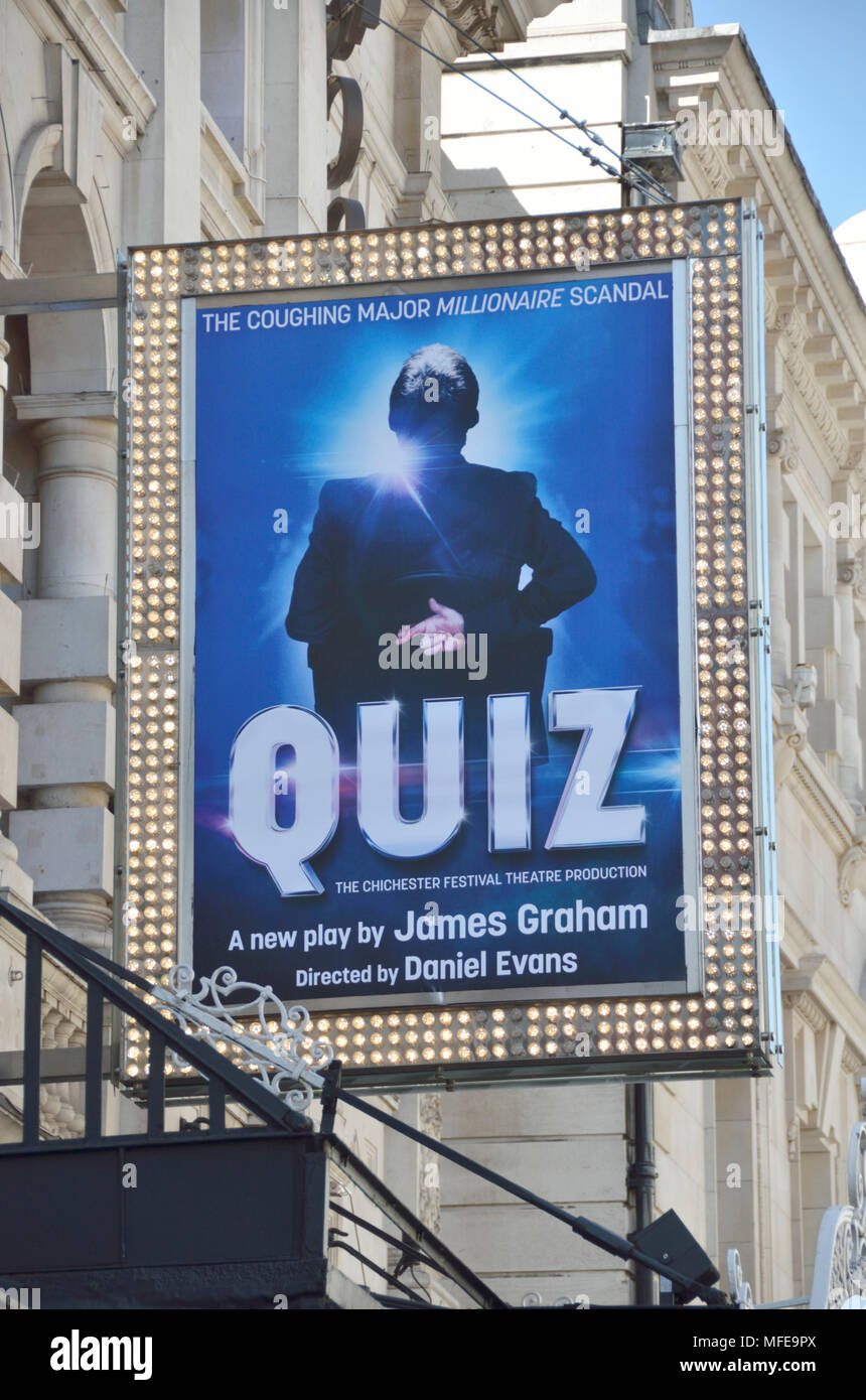 A giant billboard promoting the play Quiz outside the Noel Coward Theatre, Covent Garden, London, UK. Stock Photo