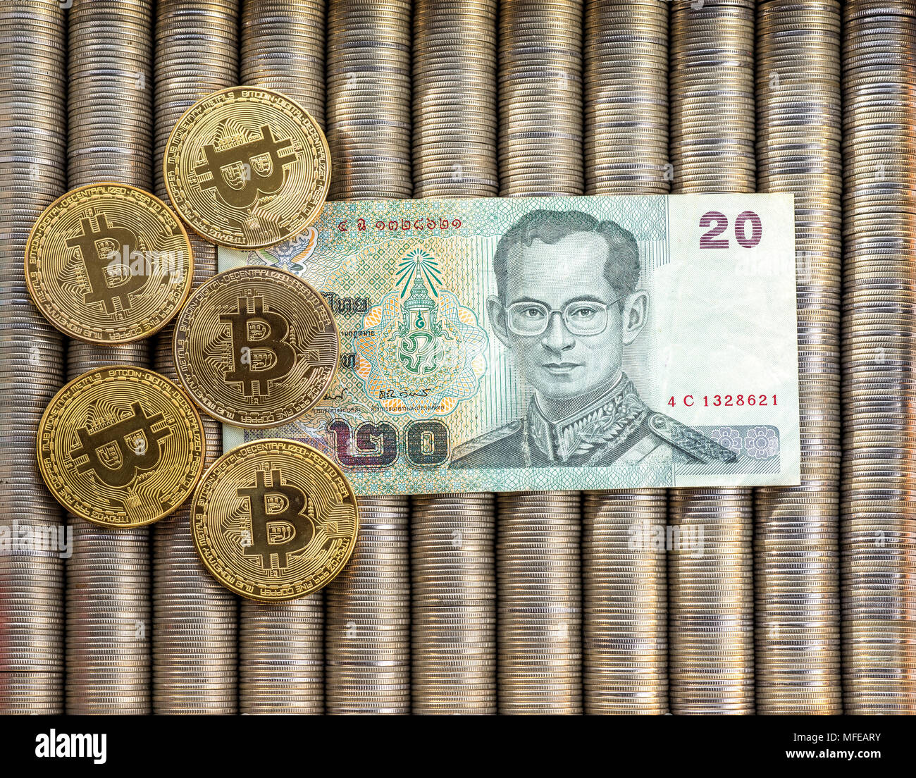 Golden Crypto coins bitcoin BTC, paper Thai baht. Metal coins are laid out  in a flat background, close-up view from the top, crypto currency exchange  Stock Photo - Alamy