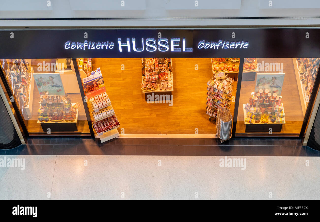 High angle view of a Confiserie Hussel shop in the Alexa shopping centre/ mall in Berlin Mitte, Germany, 2018 Stock Photo