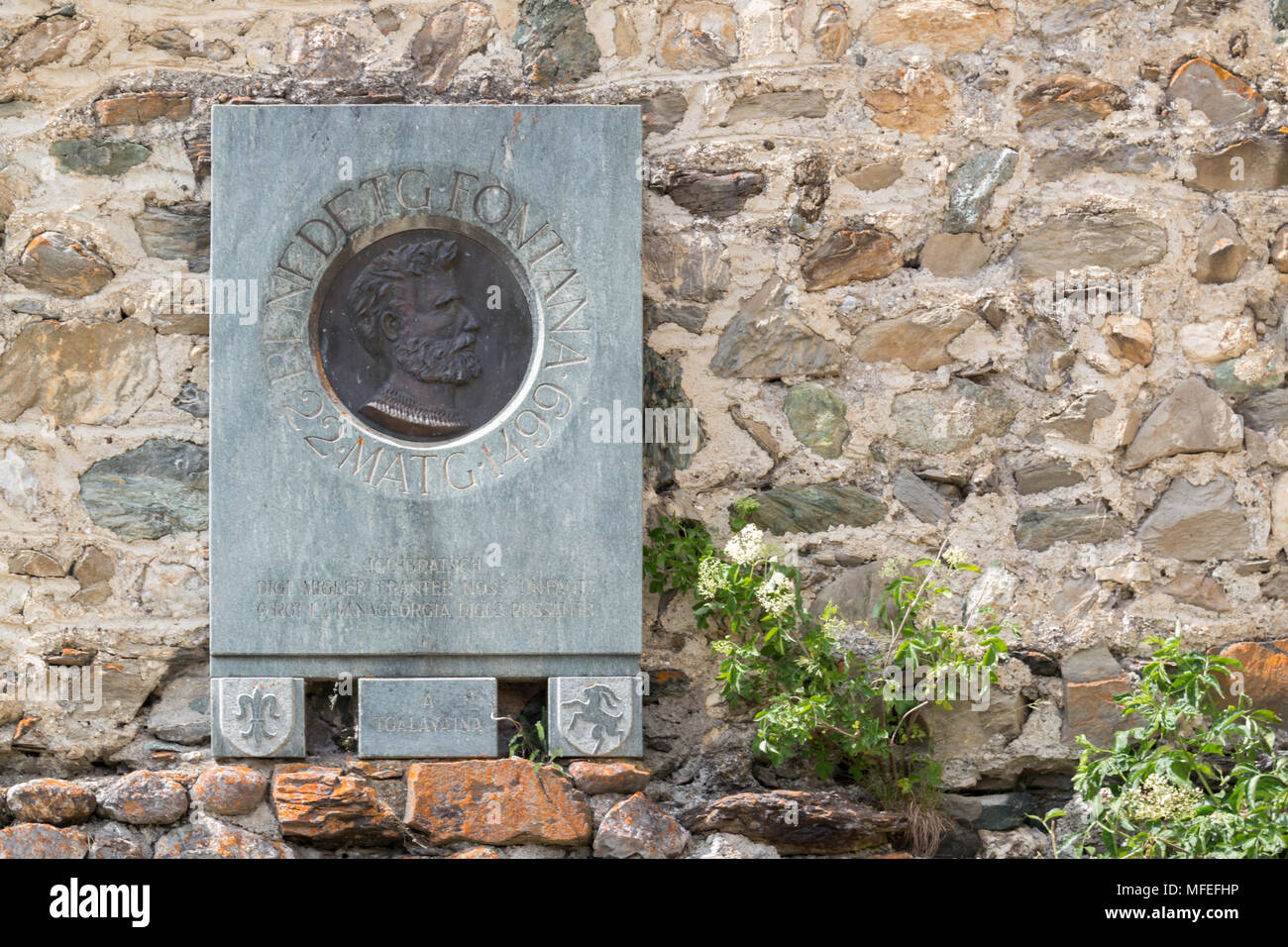 Commemorative Plaque of Benedikt Fontana on Riom Castle in Riom Parsonz. Stock Photo