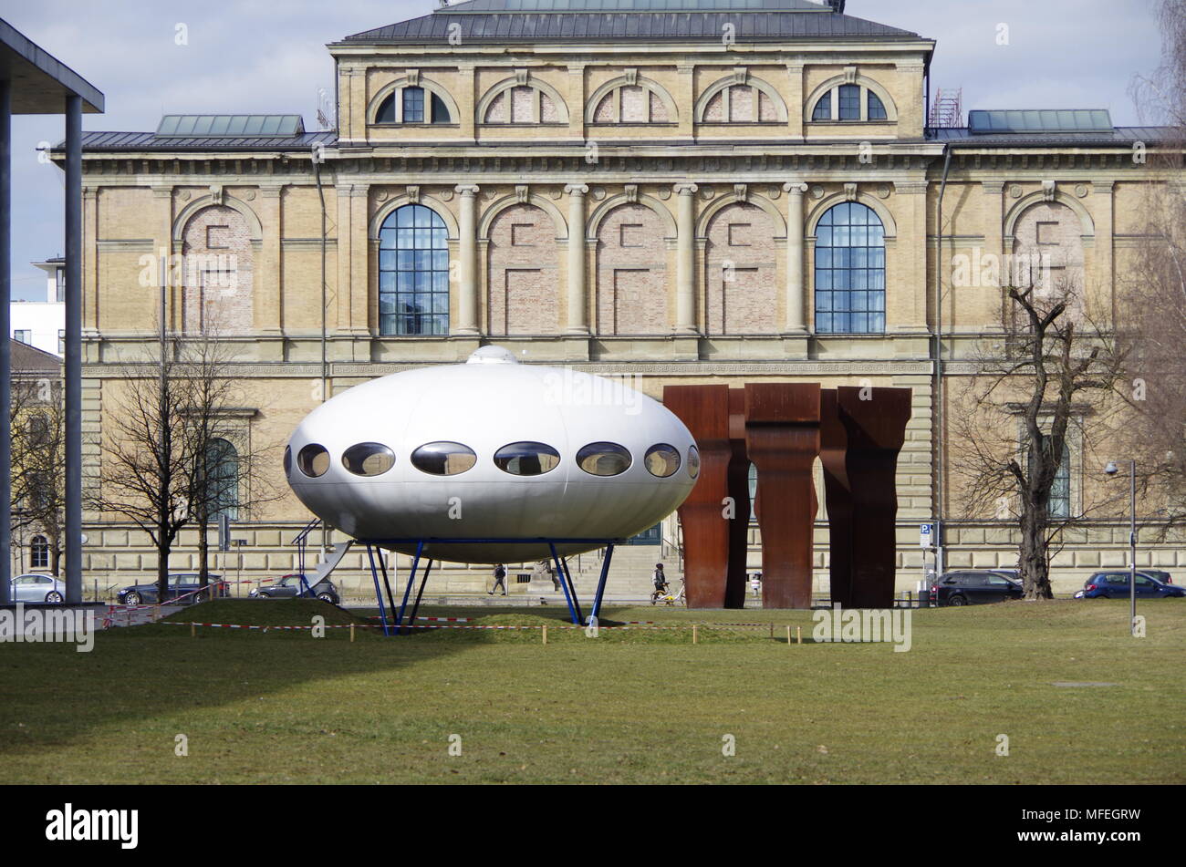 Western end of the Alte Pinakothek, Munich, and The House of the Future, The FUTURO building designed by Matti Suuronen, Stock Photo