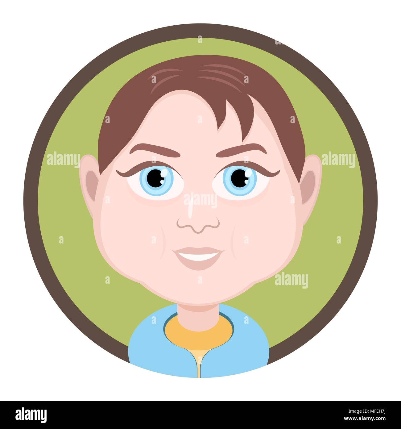 Cartoon character, vector drawing portrait child, male smile facial  emotion, baby avatar, icon, sticker. Cute boy brown hair with big blue eyes  cheerf Stock Vector Image & Art - Alamy