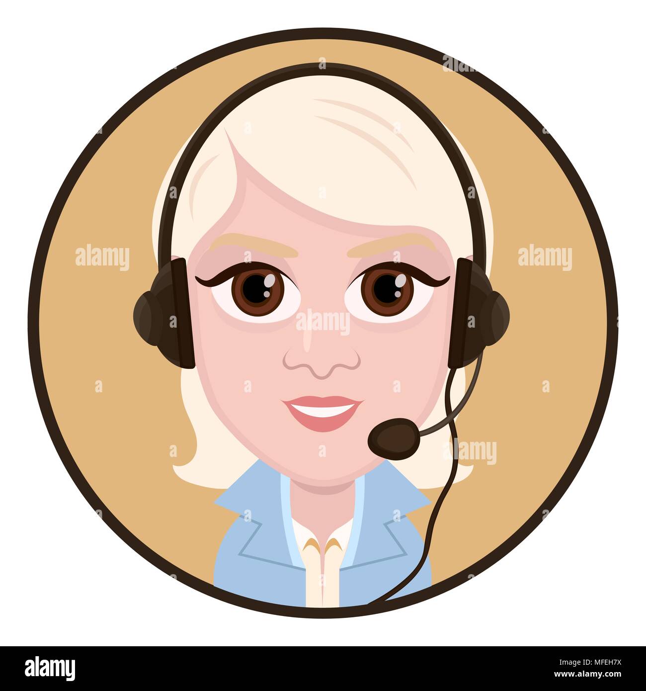 Cartoon character, vector drawing portrait girl call center operator, icon, sticker. Woman blonde with big eyes with a headset, headphones and microph Stock Vector