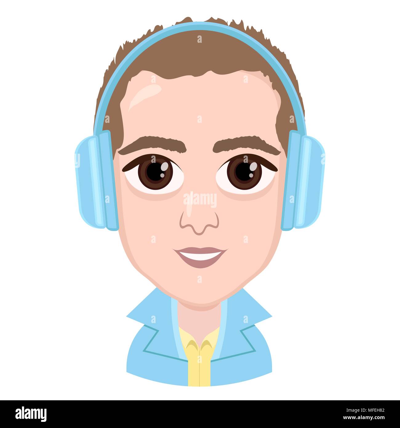Cartoon character, vector drawing portrait boy in headphones listening to  music, smile emotion, icon, sticker. Guy big brown eyes with big headphones  Stock Vector Image & Art - Alamy