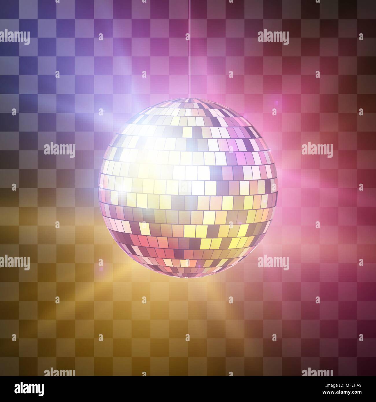 Disco ball with bright rays on transparent background, night party retro background. Vector illustration isolated on transparent background Stock Vector