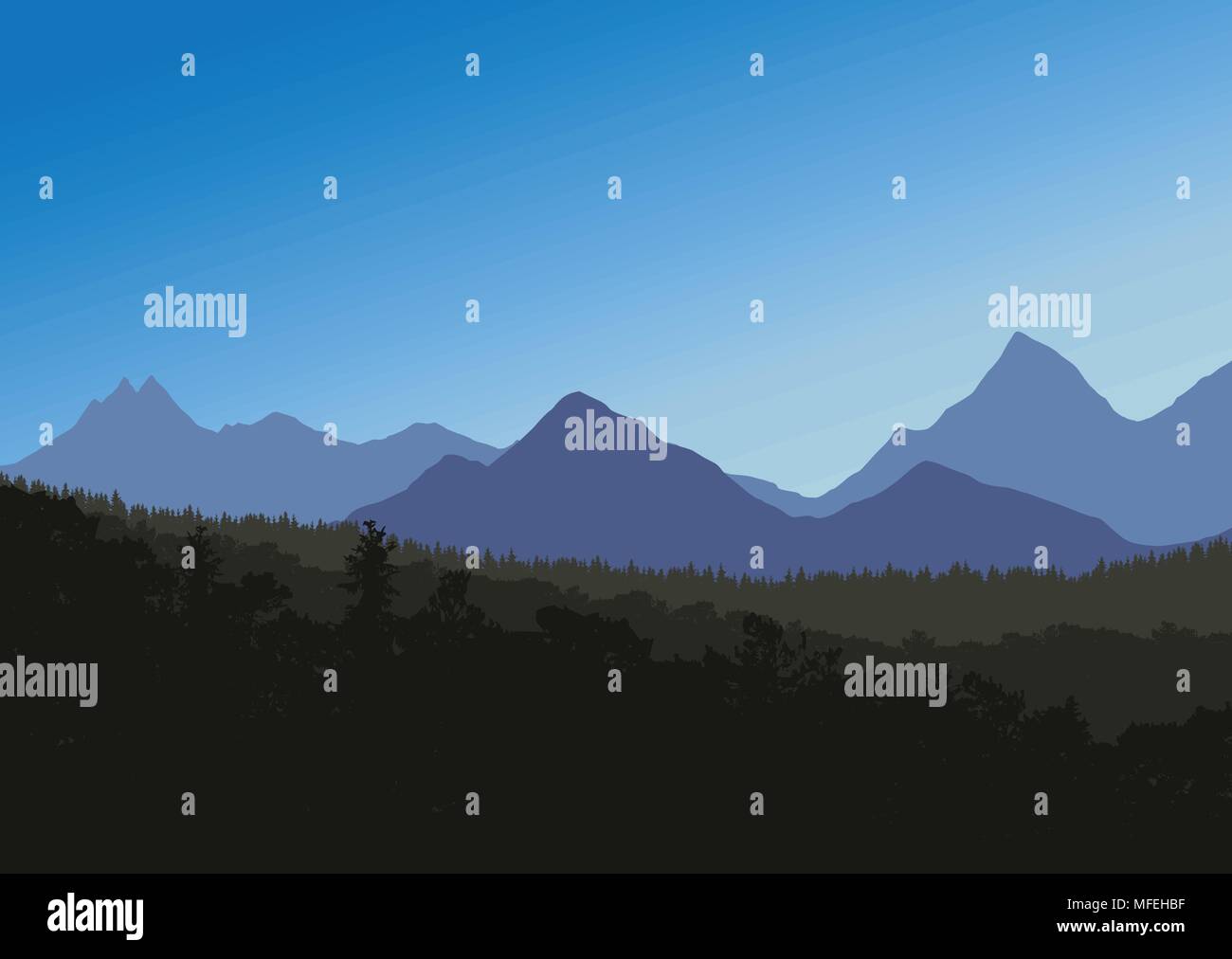 Mountain landscape with forest in foreground, under blue sky - vector with space for your text Stock Vector
