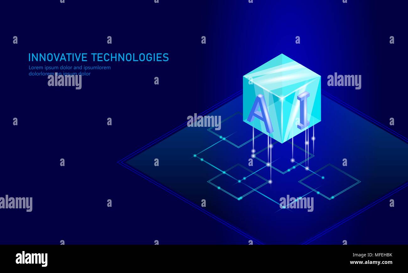 Isometric artificial intelligence business concept. Blue glowing isometric personal information data connection future technology. 3D infographic vector illustration Stock Vector