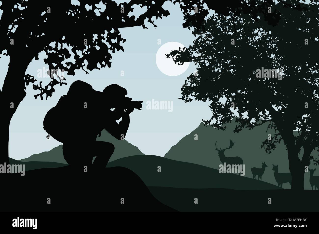 A tourist with a backpack photographing a herd of deer in a forest, with mountains in the background, under a gray sky with the sun - vector Stock Vector