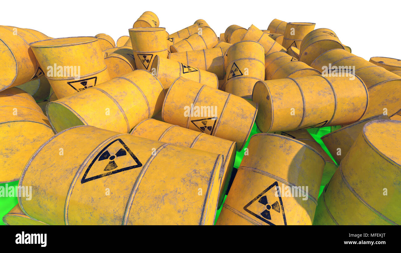 Barrels with radioactive waste. 3D render. Stock Photo
