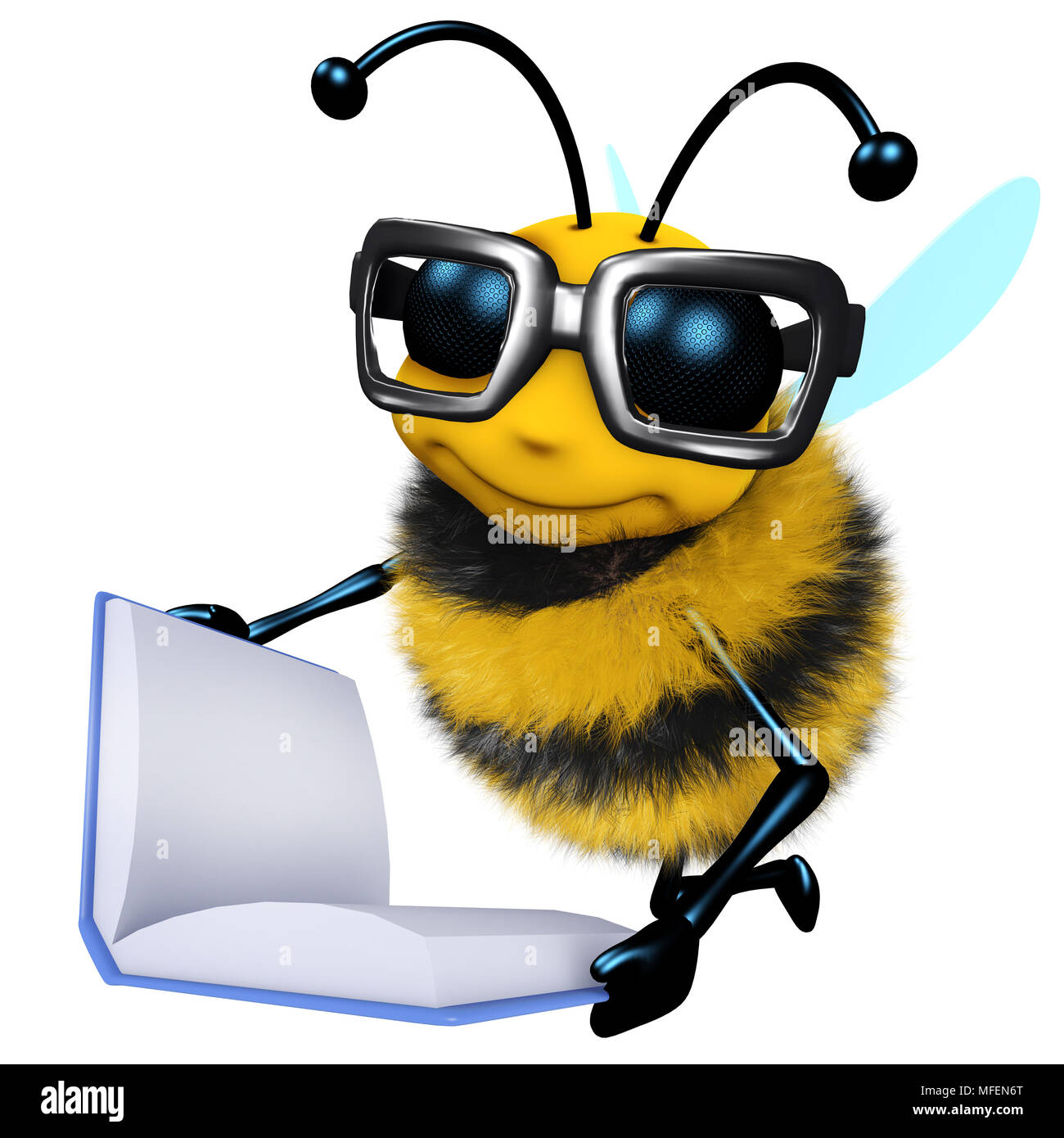3d render of a funny cartoon honey bee character is reading a book Stock Photo
