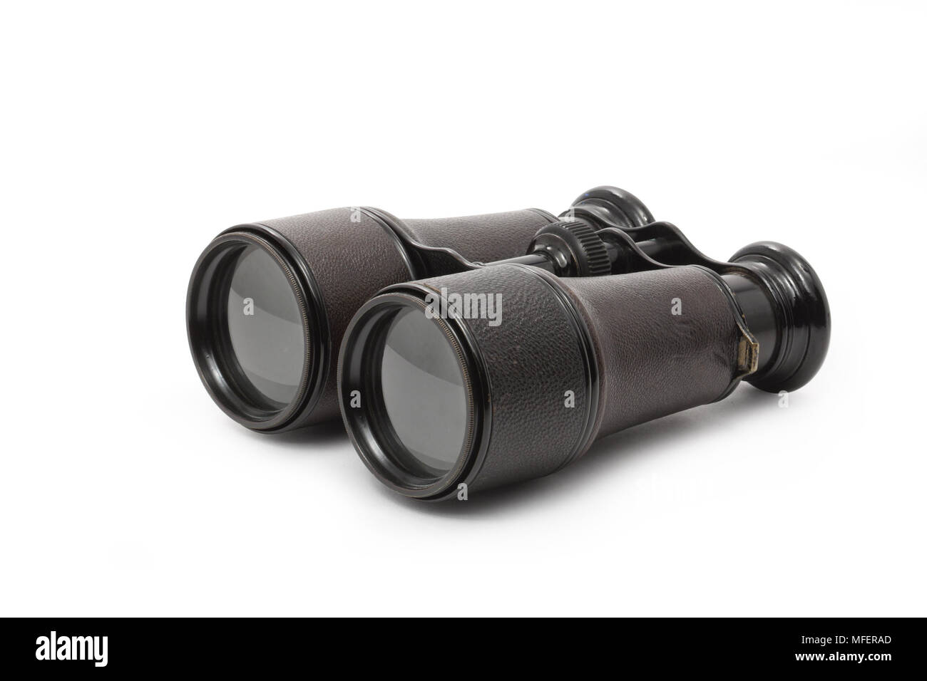 Old black binoculars isolated on white background with clipping path Stock Photo