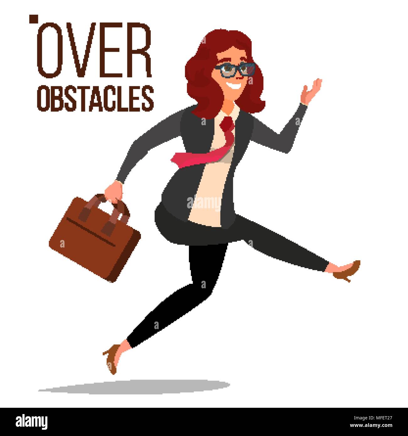 Business Woman Jumping Over Obstacles Vector. Leader. Competing Race 