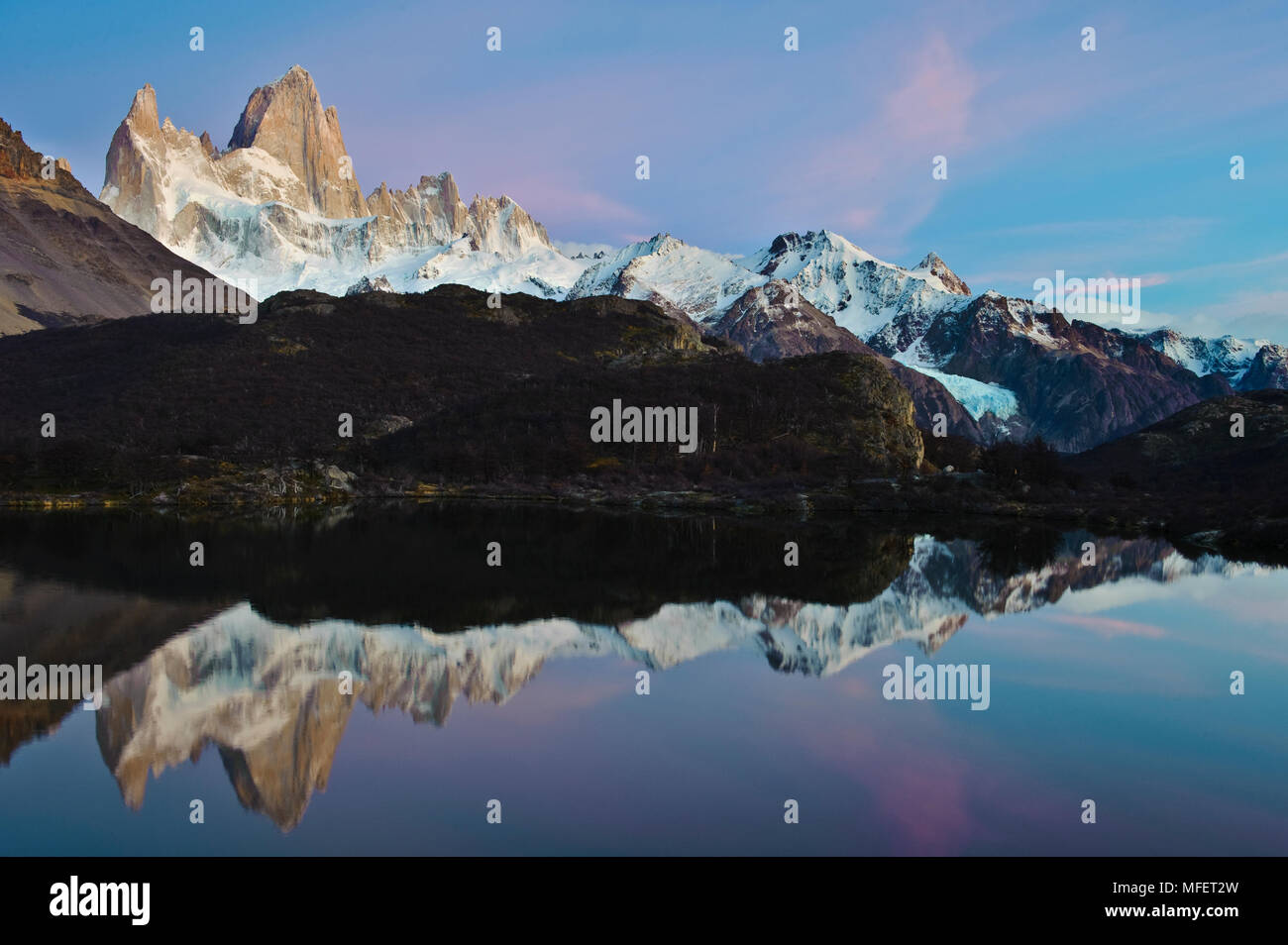 Mount Fitzroy (3375m) reflected in Lago Capri; Los Glaciares National ...