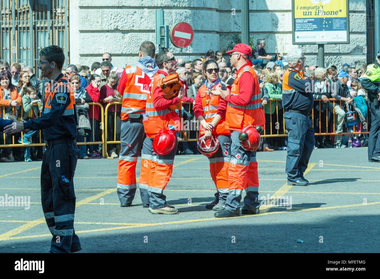 Valencia/Spain - March 17, 2015: First Responders ready themselves for the annual Las Fallas Festival in Valencia Stock Photo