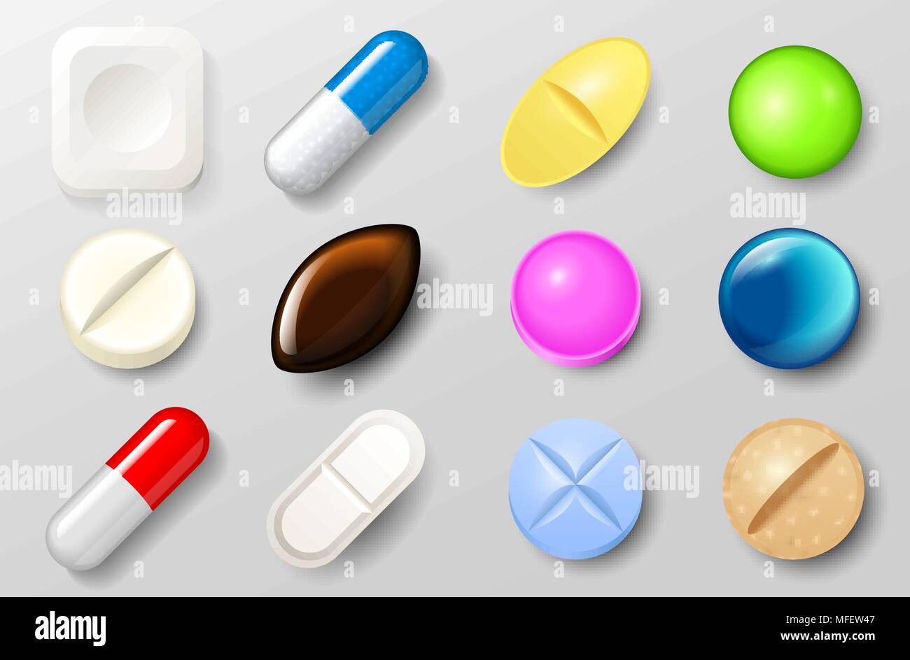 Set of pills and painkiller capsules. Vitamin tablets for good health