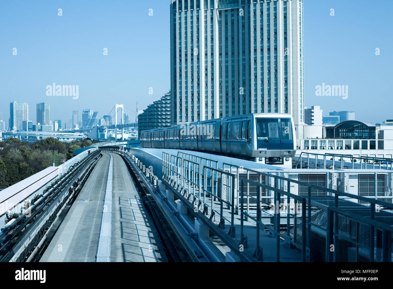 Yurikamome elevated train line, Odaiba, Tokyo, Kanto Region, Honshu, Japan Stock Photo