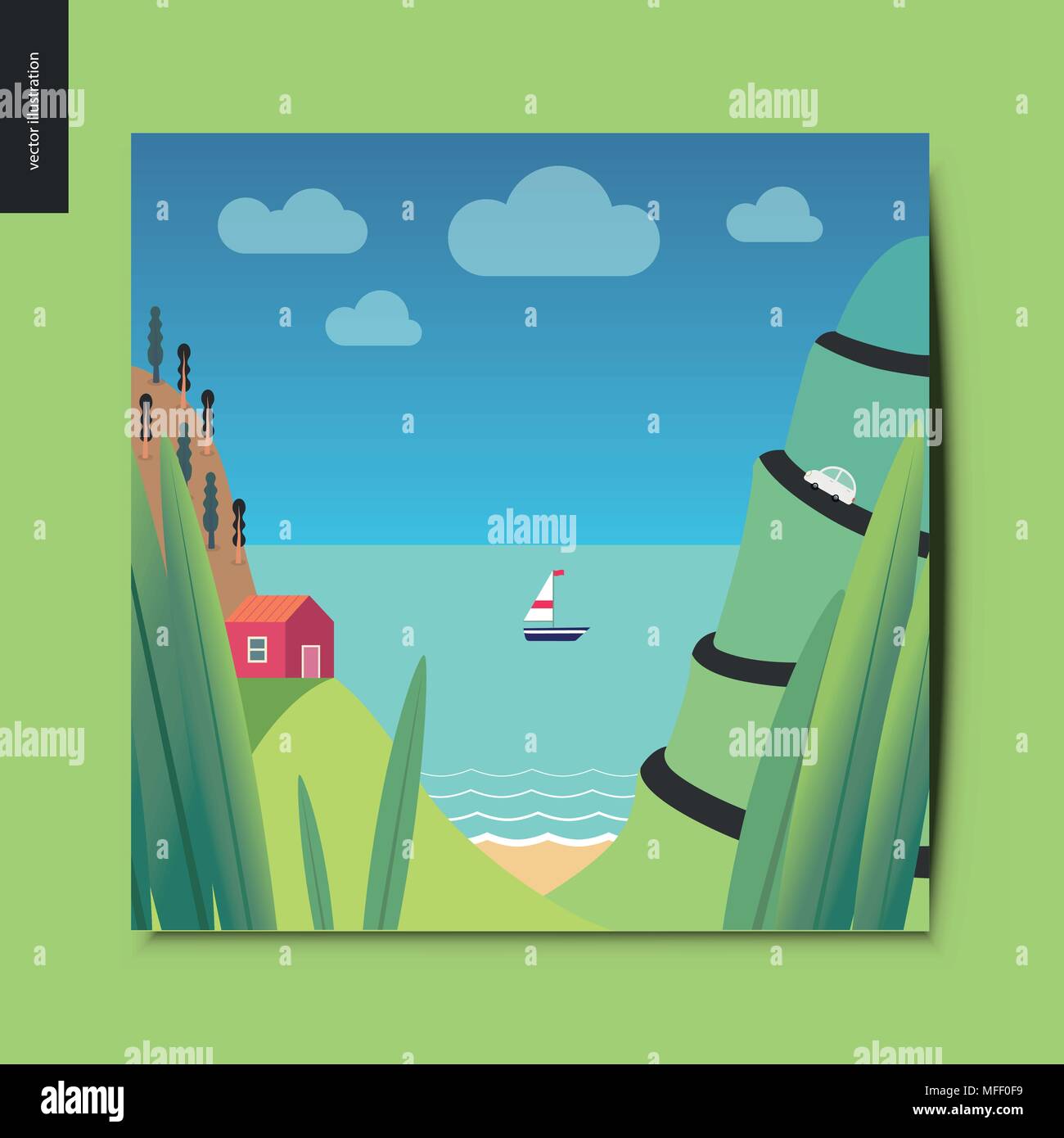 Summer simple things - landscape with the sea, mountains with serpentine road, red house, sail boat and clouds on the background and plants on the for Stock Vector