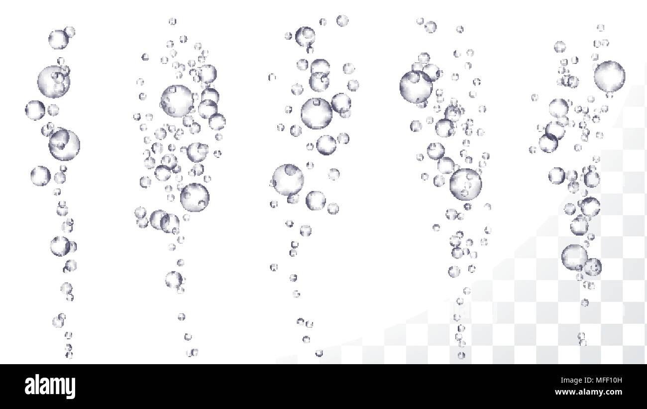 Underwater Bubbles Vector. Air Stream In Sea, Aquarium. Effervescent Drink. Gas, Oxygen. Fizzy, Fresh. Transparent Realistic Isolated Illustration Stock Vector