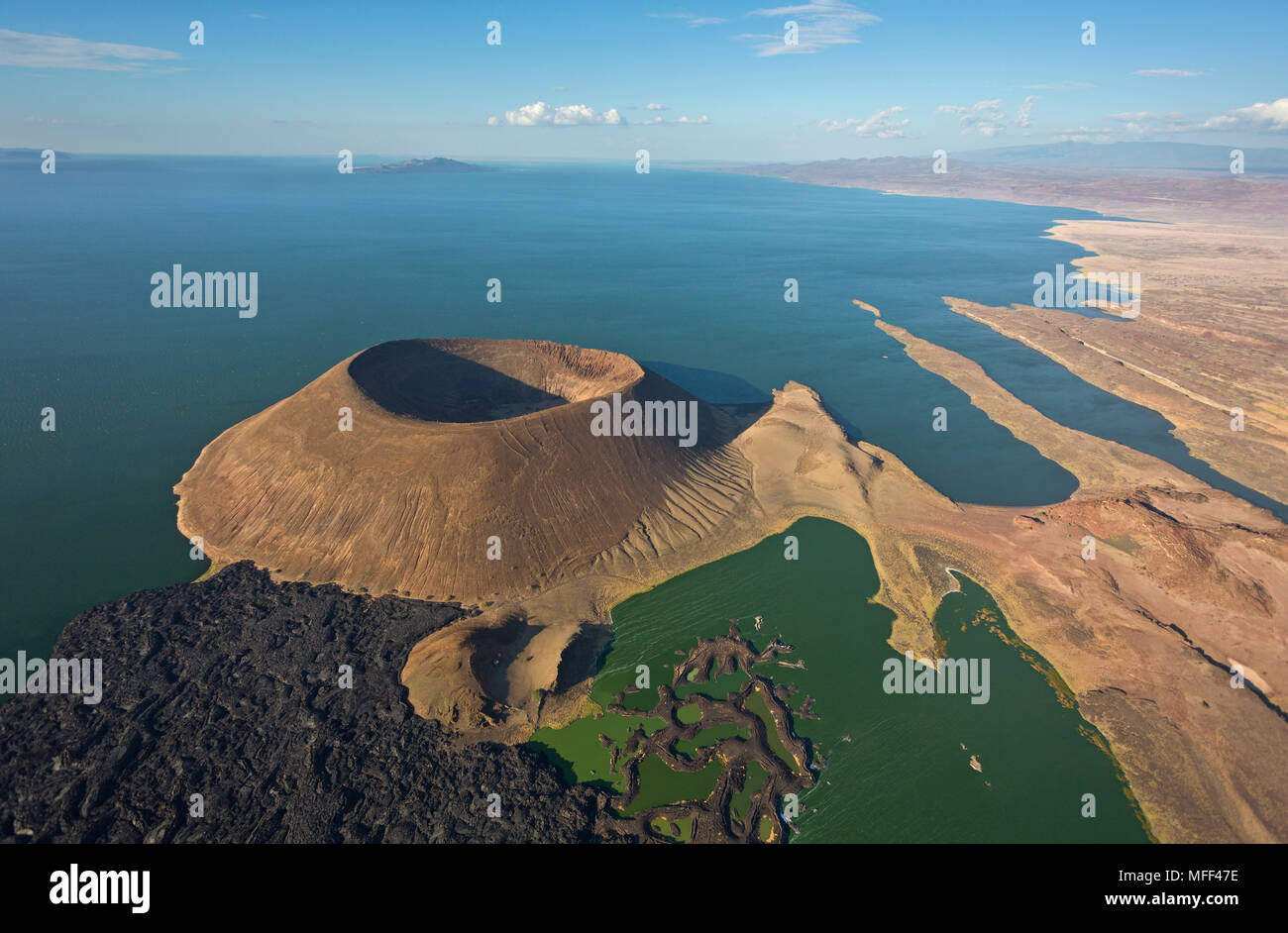 Aerial view of Nabuyatom Crater, south of Lake Turkana, Kenya. Lake