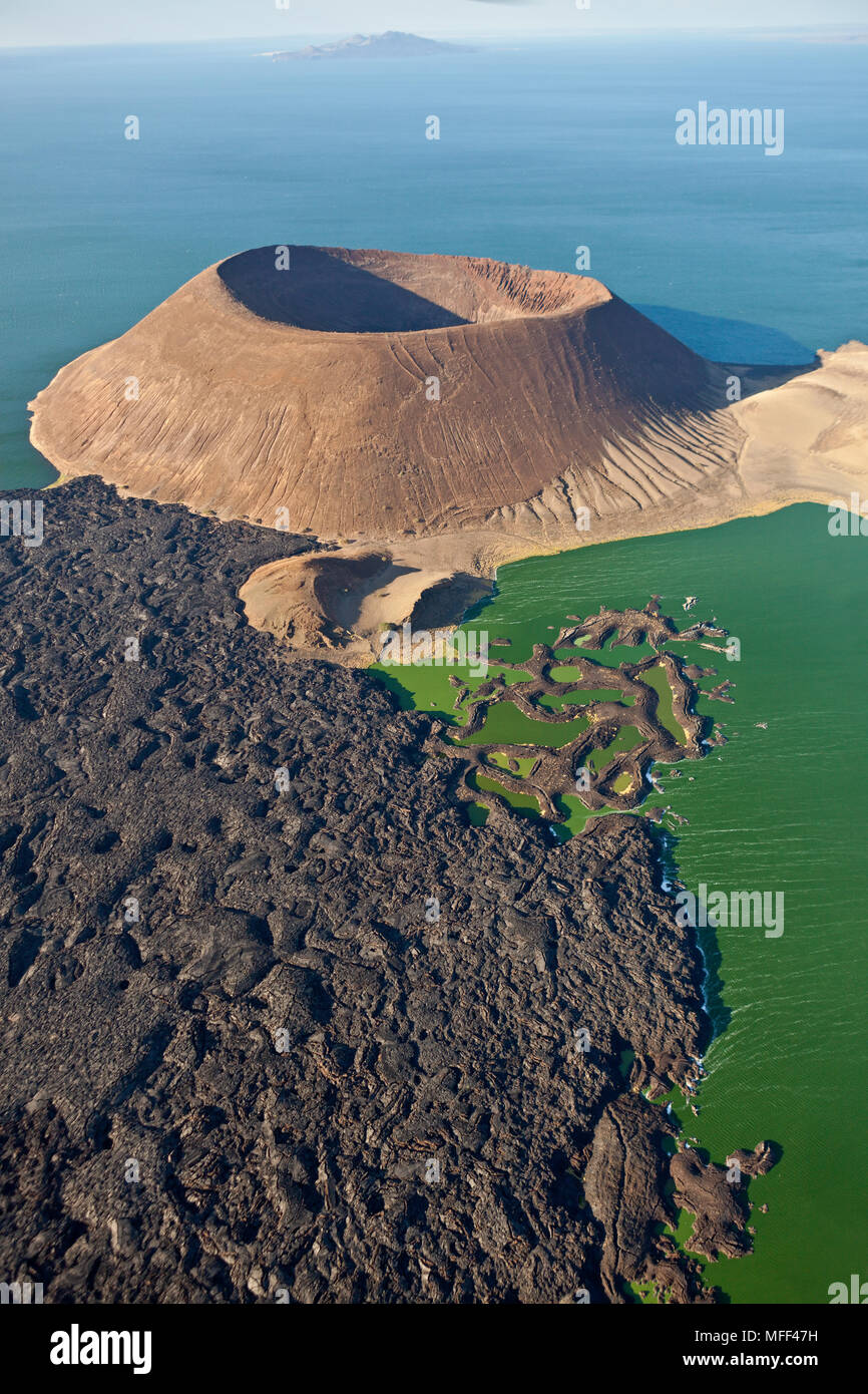 Aerial view of Nabuyatom Crater, south of Lake Turkana, Kenya. Lake