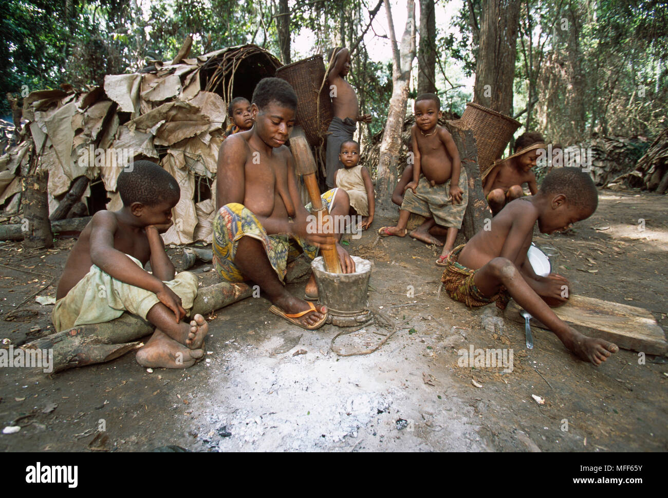 PYGMY FAMILY OF BAKA TRIBE  preparing food in village Cameroon & Central African Republic Stock Photo