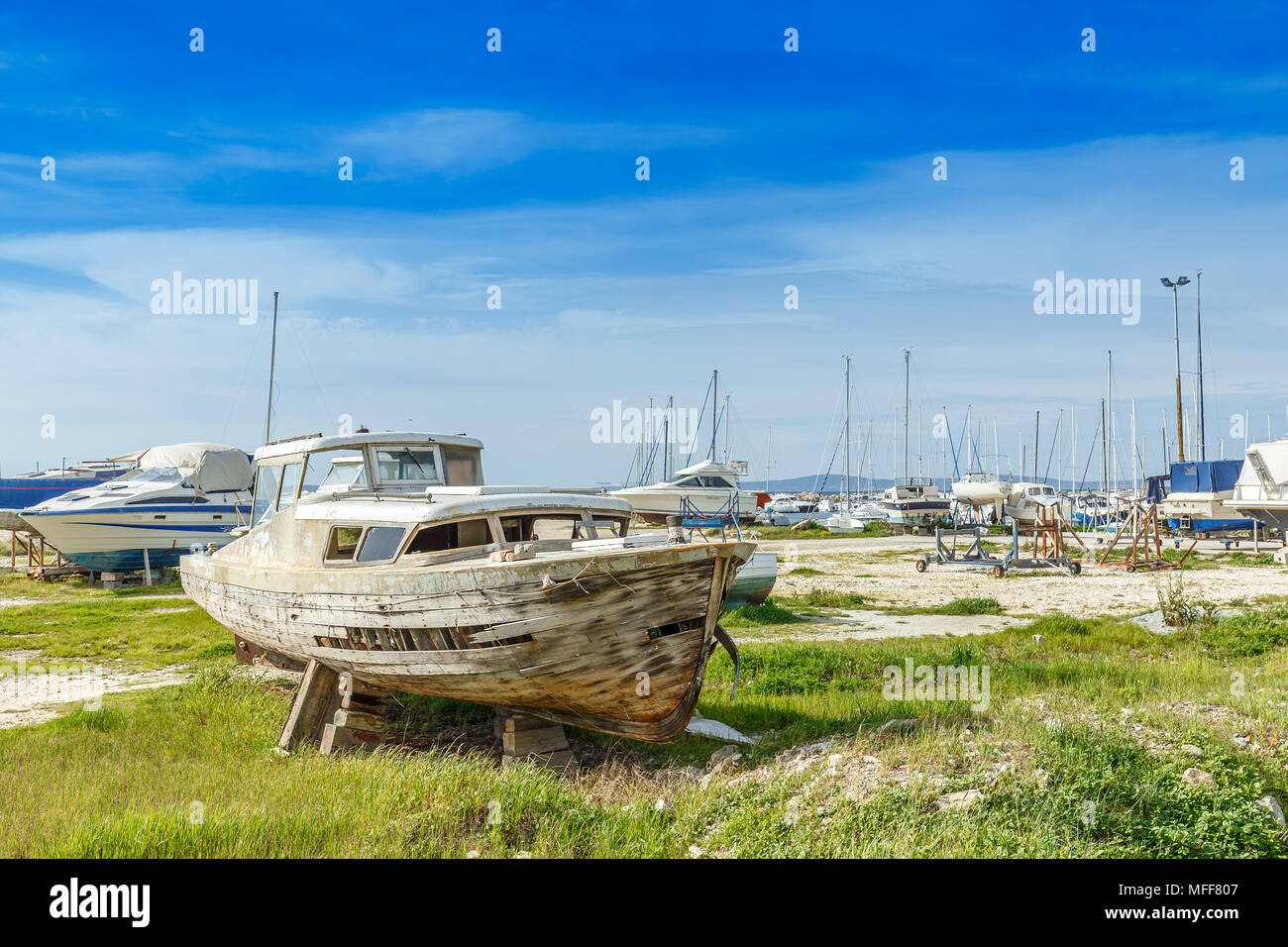 An old abandoned wooden ship wreck in Split, Croatia Stock Photo