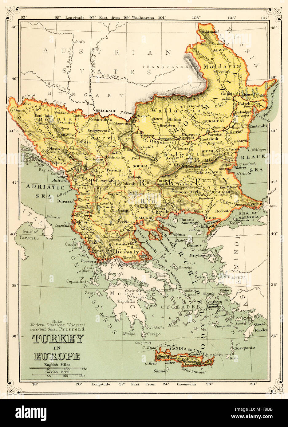 Map of Turkey in Europe, 1870s. Printed color lithograph Stock Photo