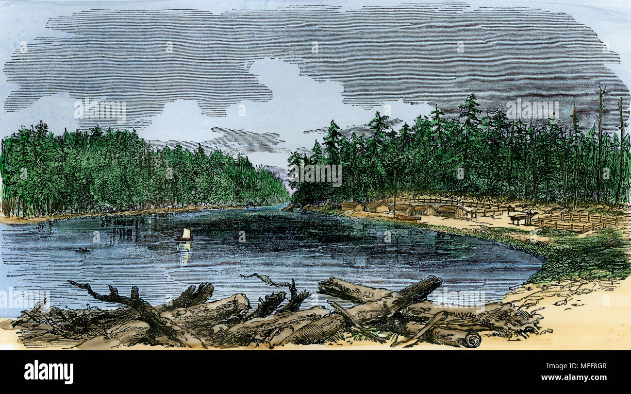 Quenault village, descendants of the Chinook and other native Americans, in Washington Territory, 1850s. Hand-colored woodcut Stock Photo