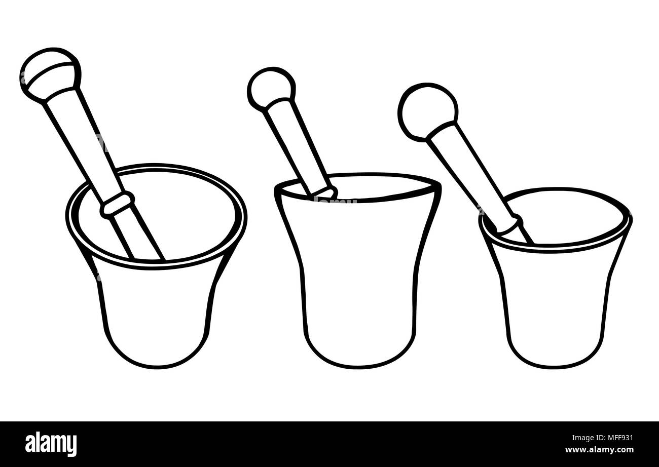 Set ofHand drawn mortar and pestle vector illustration. Simple outline drawing of kitchen or pharmacy equipment. Grinding herbs and spices. Stock Vector