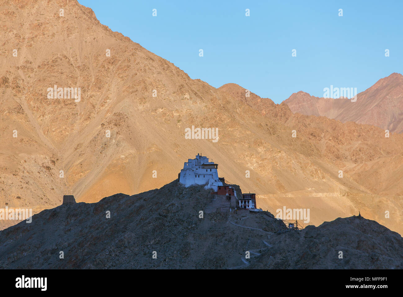 Tsemo Maitreya temple in shadow during sunset in Leh, Ladakh, India Stock Photo