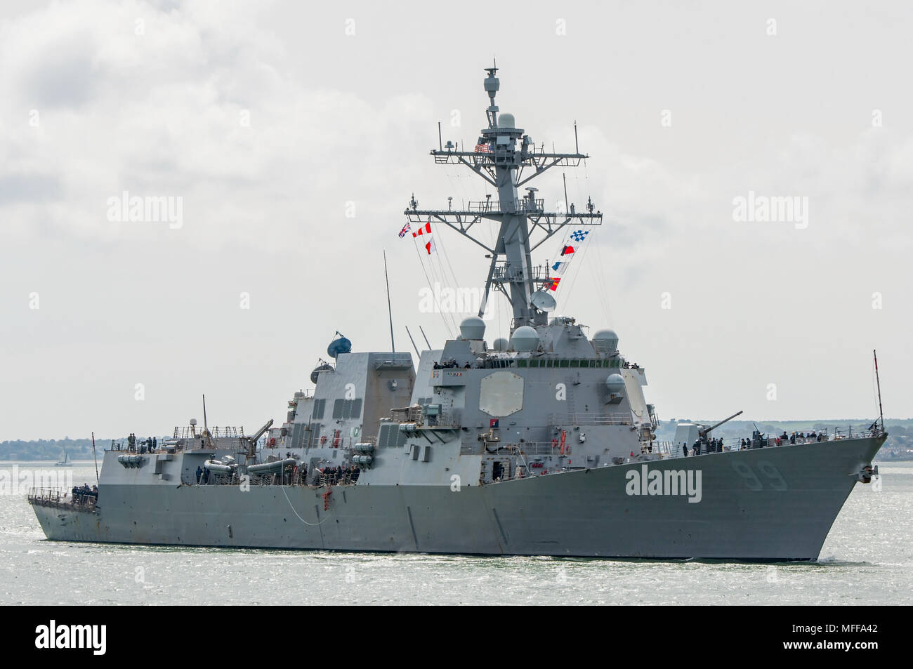 The US Navy Arleigh Burke Class Destroyer, USS Farragut (DDG 99) arriving at Portsmouth, UK on the 23rd April 2018. Stock Photo