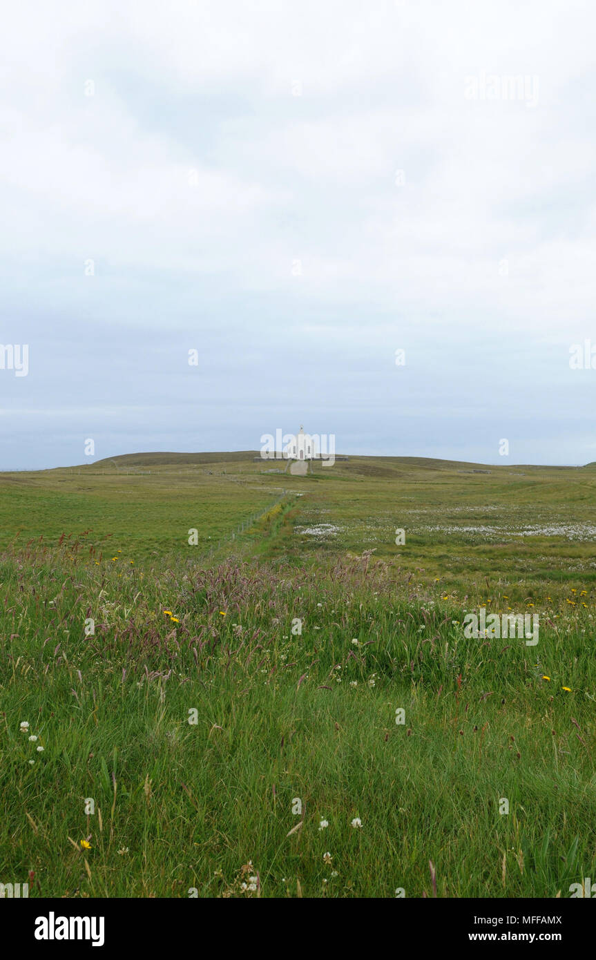 Old remote chapel on the island of Fair Isle alone in the landscape Stock Photo