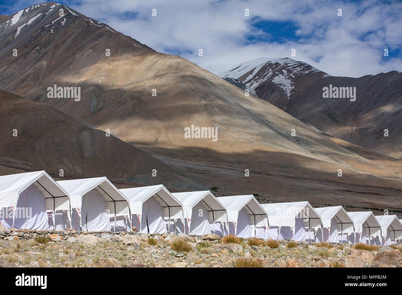 Tented tourist camp at Pangong Tso Lake in Ladakh, India. Stock Photo