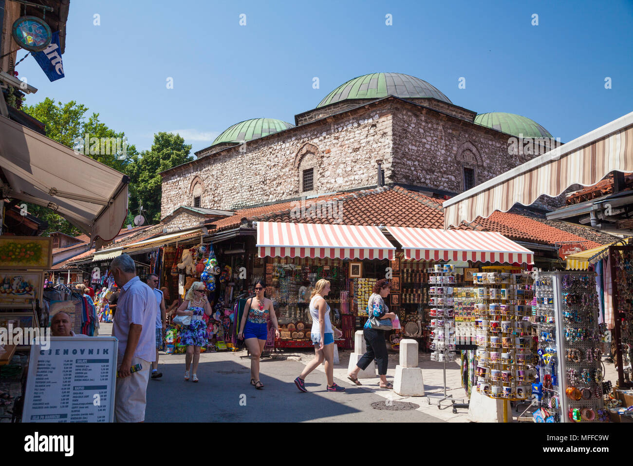 Tourists and souvenir shops in the old town, Sarajevo, Bosnia and Herzegovina Stock Photo