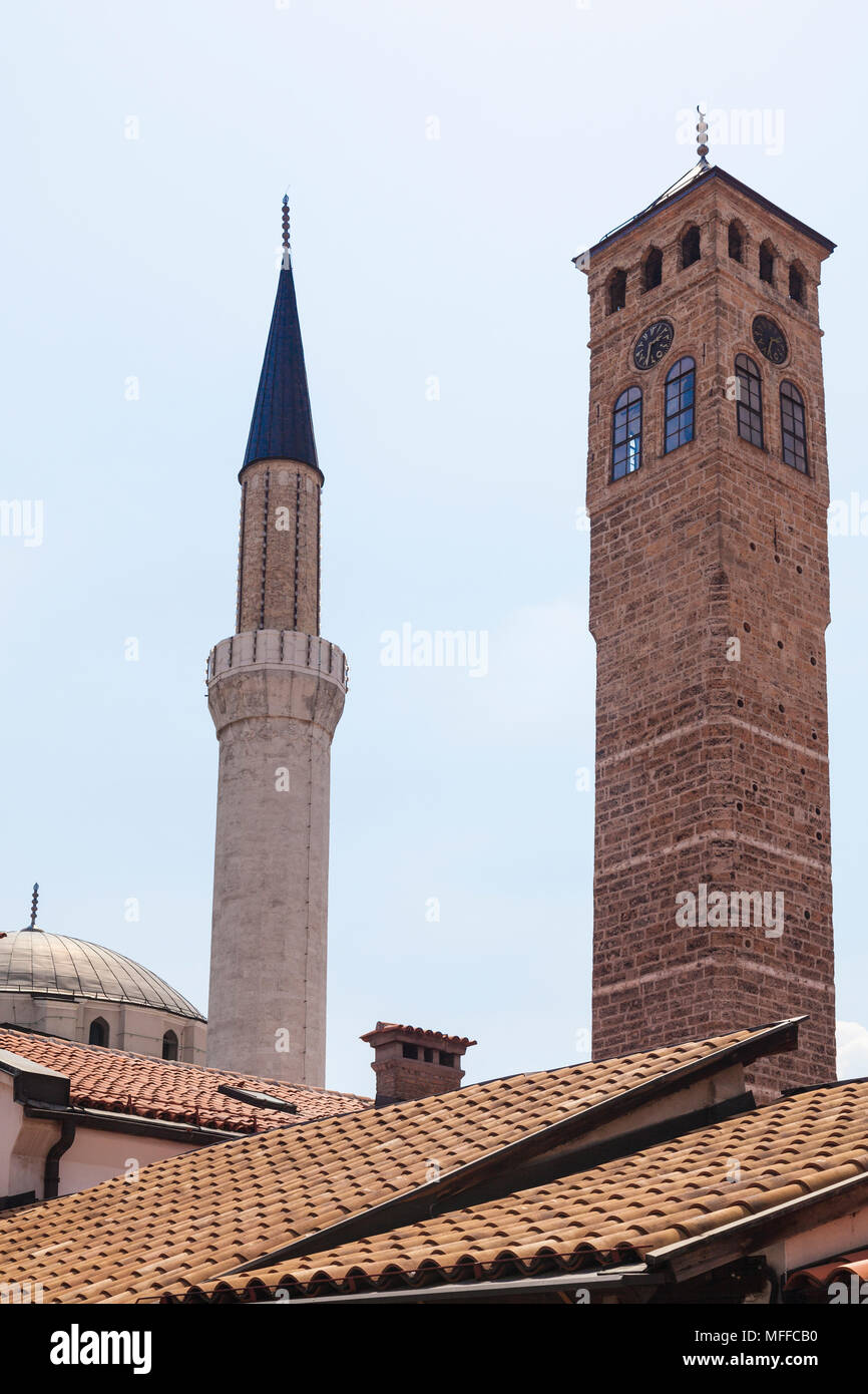 Two minarets from the Gazi Husrev-beg's Mosque, Sarajevo, Bosnia and Herzegovina Stock Photo