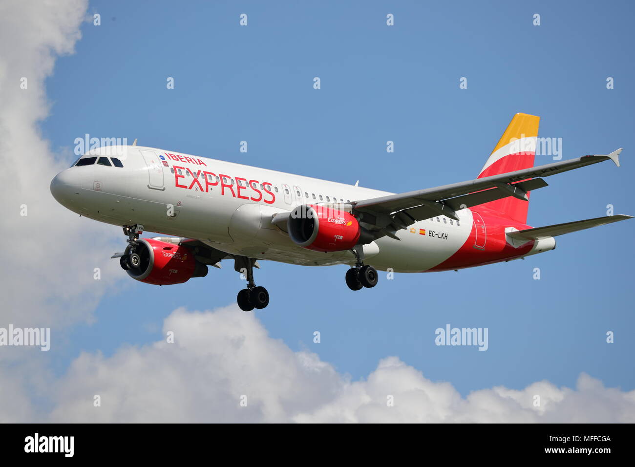 Spanish Iberia Express Airbus A320 EC-LKH landing at London Heathrow Airport, UK Stock Photo