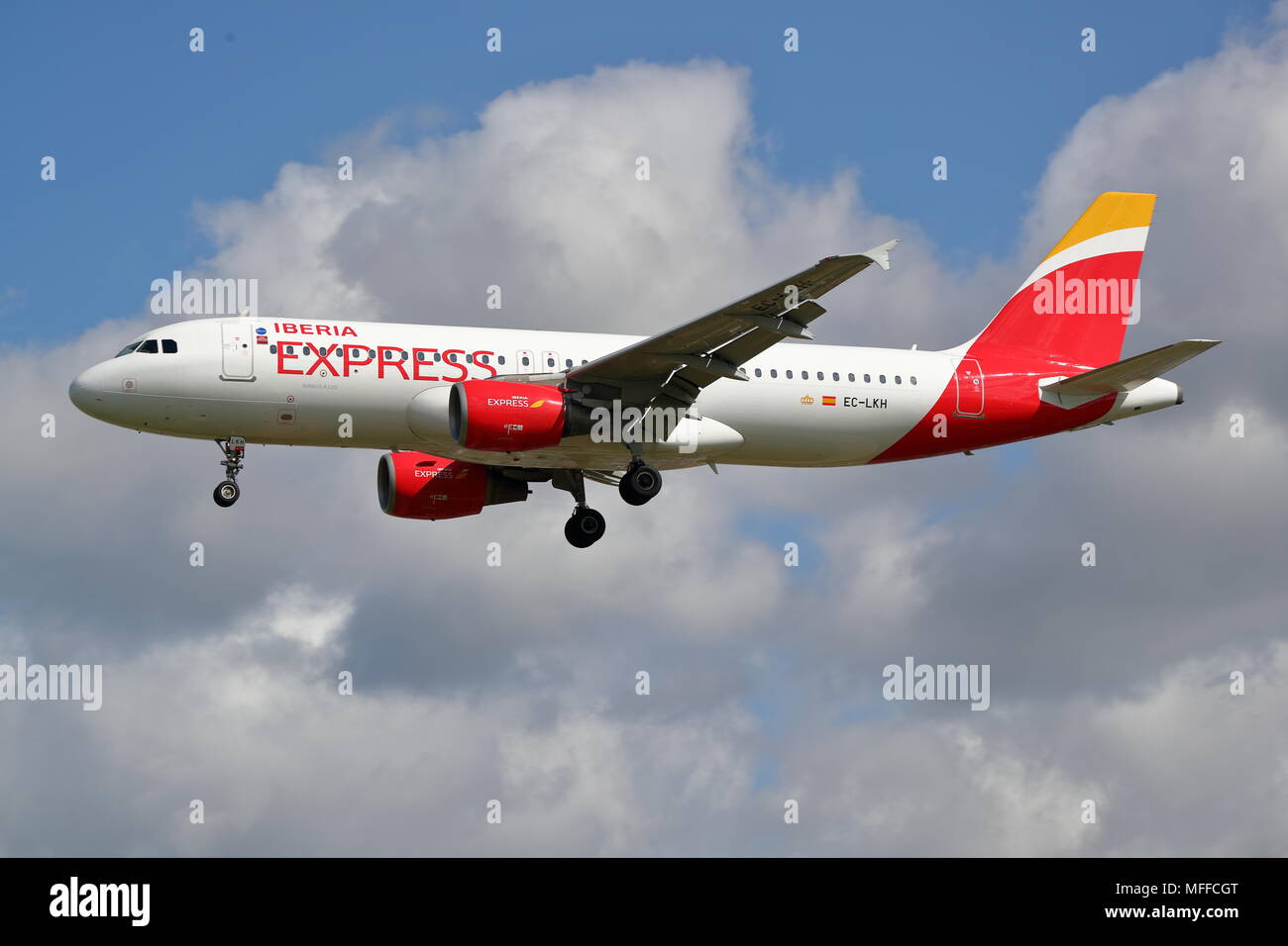 Spanish Iberia Express Airbus A320 EC-LKH landing at London Heathrow Airport, UK Stock Photo